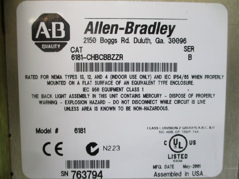 ALLEN BRADLEY 6181-CHBCBBZZR SER. B 100-120/200-240VAC 3.3/1.7A UNMP