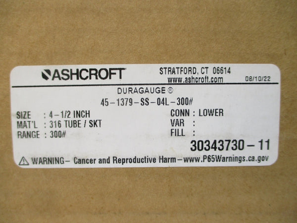 ASHCROFT 45-1379-SS-04L-300# 0-300PSI 4-1/2" NSMP