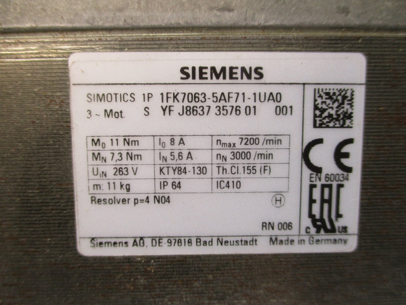 SIEMENS 1FK7063-5AF71-1UA0 263V 8/5.6A NSMP