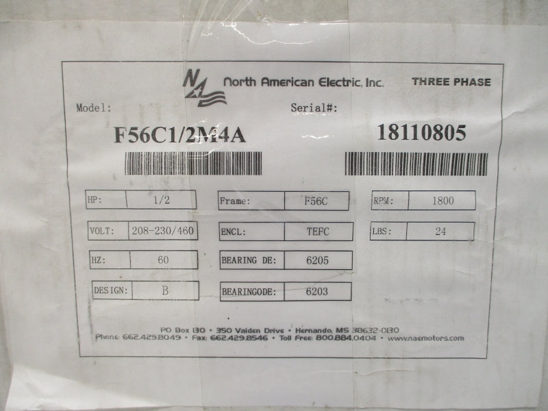 NORTH AMERICAN ELECTRIC F56C1/2M4A 208-230/460V 2.2-2.0/1.0A NSMP