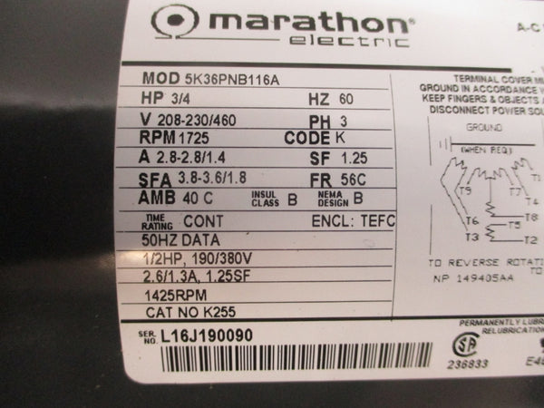 MARATHON ELECTRIC 5K36PNB116A 3N688 208-230/460V 2.8-2.8/1.4A NSMP
