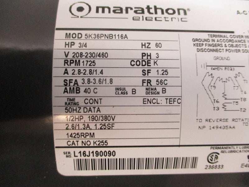 MARATHON ELECTRIC 5K36PNB116A 3N688 208-230/460V 2.8-2.8/1.4A NSMP