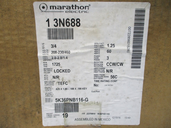 MARATHON ELECTRIC 5K36PNB116A 3N688 208-230/460V 2.8-2.8/1.4A NSMP