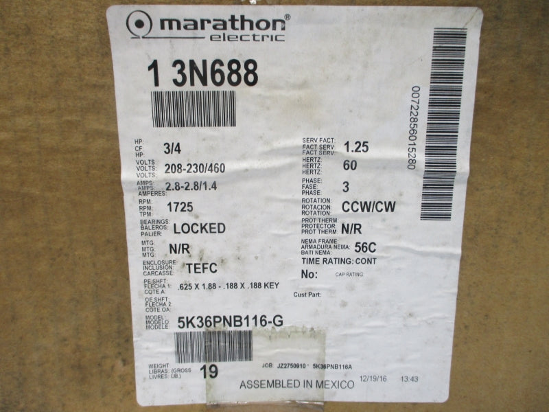 MARATHON ELECTRIC 5K36PNB116A 3N688 208-230/460V 2.8-2.8/1.4A NSMP