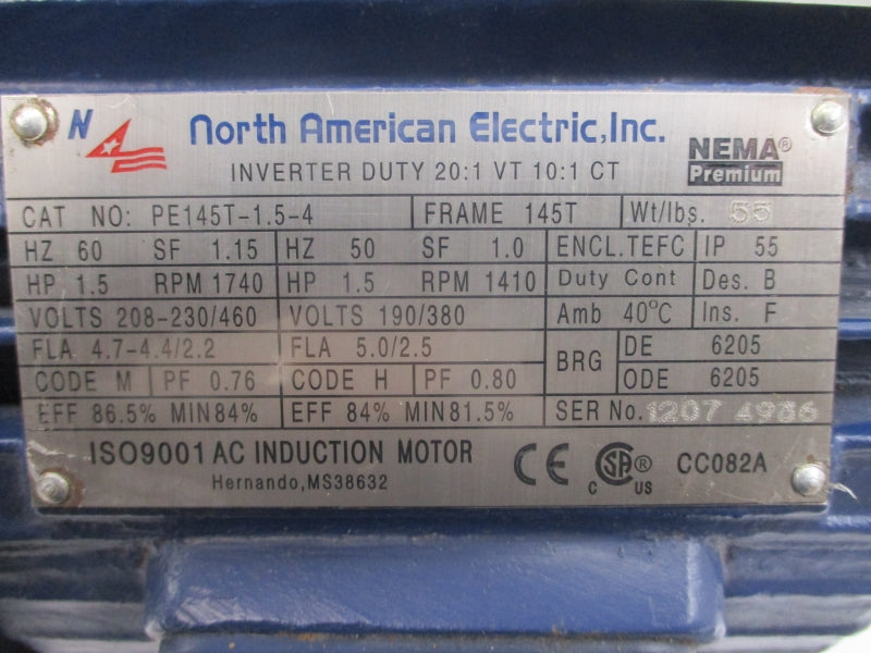 NORTH AMERICAN ELECTRIC PE145T-1.5-4 208-230/460V 4.7-4.4/2.2A NSNP