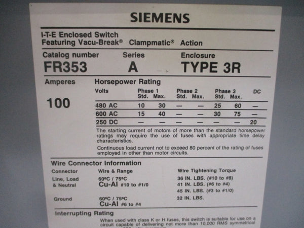 SIEMENS FR353 SER. A 600VAC 100A NSNP
