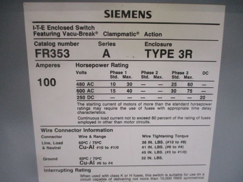 SIEMENS FR353 SER. A 600VAC 100A NSNP