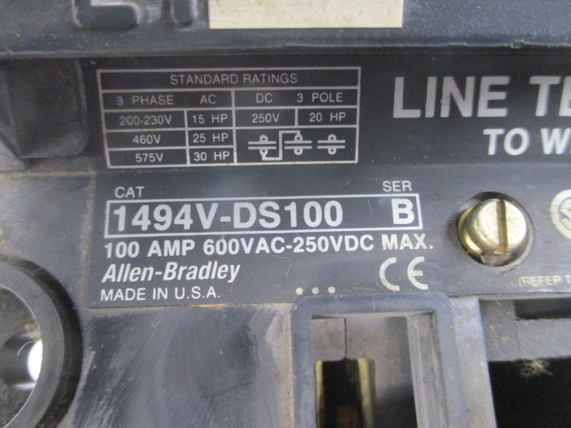ALLEN BRADLEY 1494V-DS100 SER. B 600VAC 100A UNMP