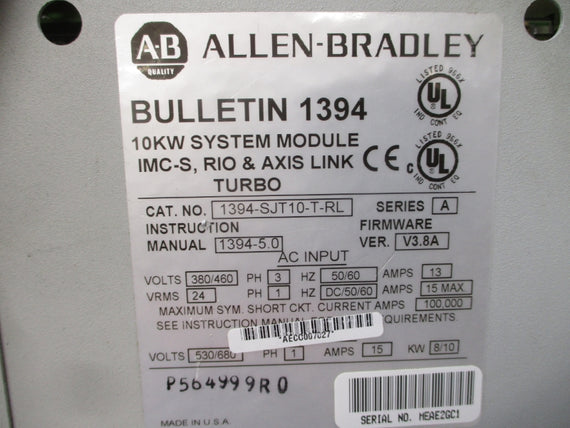 ALLEN BRADLEY 1394-SJT10-T-RL SER. A F/W V3.8A 380/460VAC 13A (AS PICTURED) UNMP