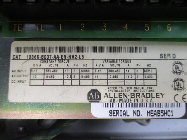 ALLEN BRADLEY 1336S-B007-AA-EN-HA2-L5 SER. D 380-480VAC 13A UNMP