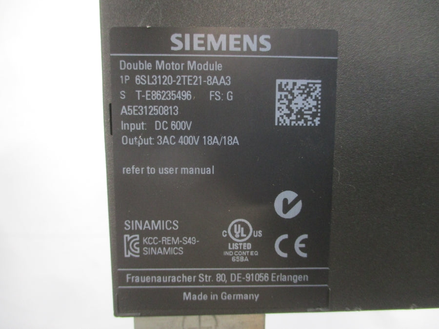 SIEMENS 6SL3120-2TE21-8AA3 600VDC 18A UNMP