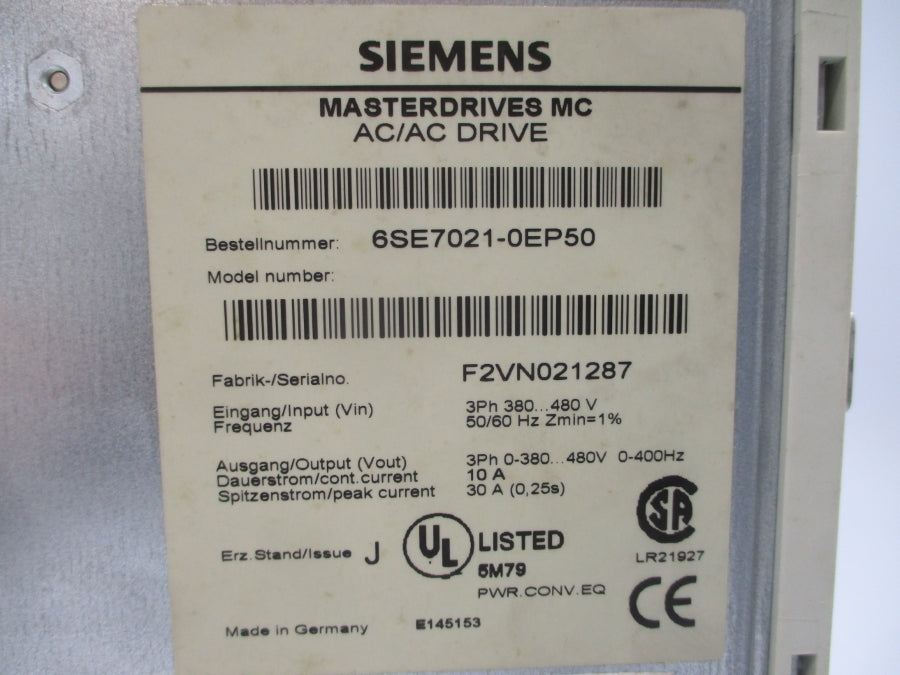 SIEMENS 6SE7021-0EP50 380-480VAC 10A UNMP