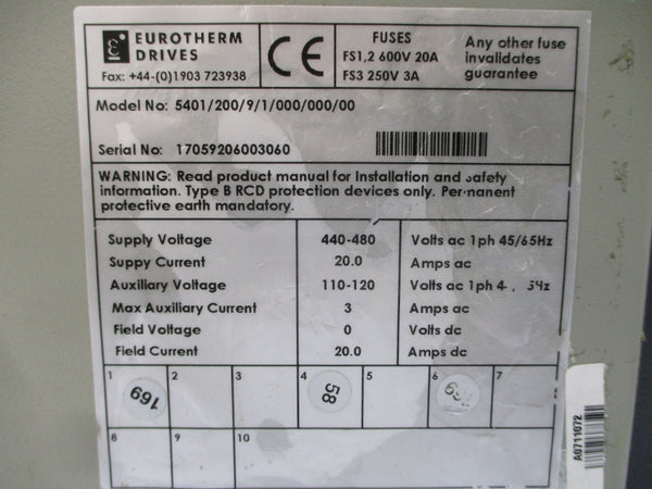EUROTHERM DRIVES 5401/200/9/1/000/000/00 440-480VAC 20.0A (AS PICTURED) UNMP
