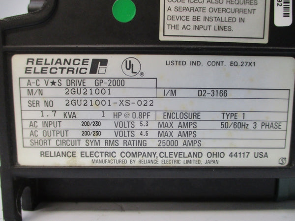 RELIANCE ELECTRIC 2GU21001 GP-2000 200/230VAC 4.5/5.3A (AS PICTURED) UNMP