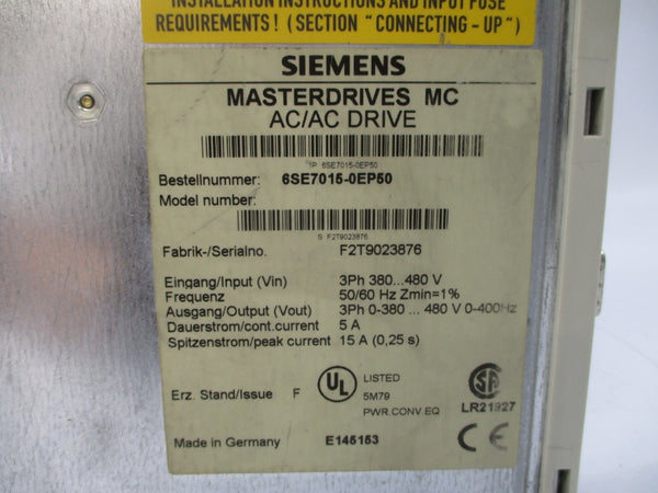 SIEMENS 6SE7015-0EP50 380-480VAC 5A UNMP