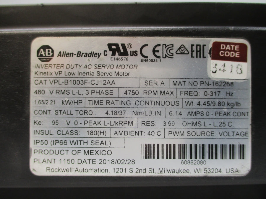 ALLEN BRADLEY VPL-B1003F-CJ12AA SER. A 480VAC 6.14A UNMP