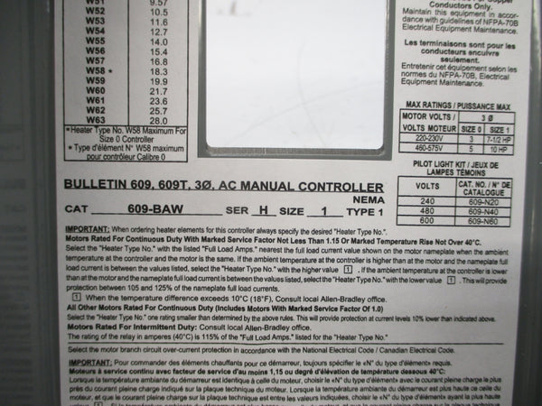 ALLEN BRADLEY 609-BAW SER. H 600V (BR/WH) NSMP