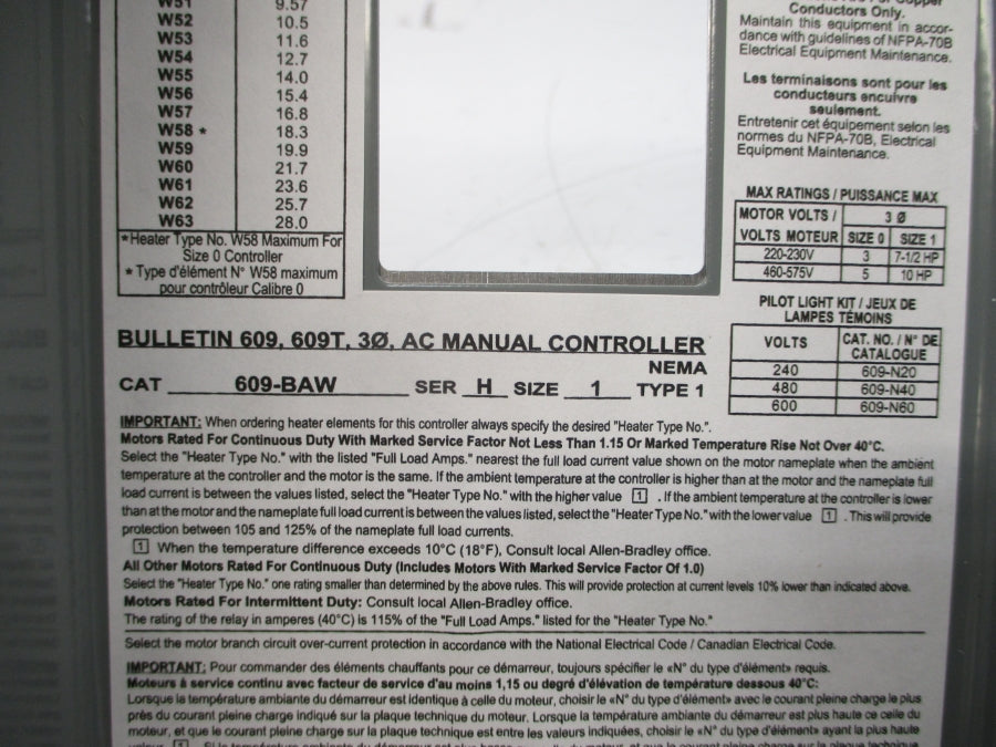 ALLEN BRADLEY 609-BAW SER. H 600V (BR/WH) NSMP