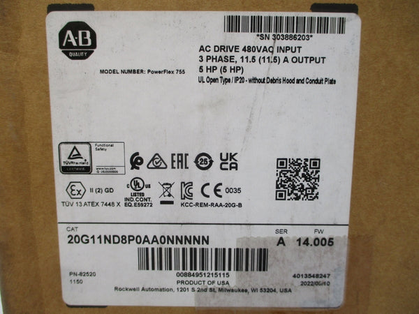 ALLEN BRADLEY 20G11ND8P0AA0NNNNN SER. A F/W 14.005 480VAC 11.5A NSMP