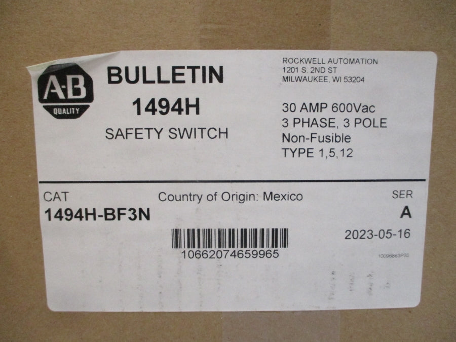 ALLEN BRADLEY 1494H-BF3N SER. A 600VAC 30A NSMP