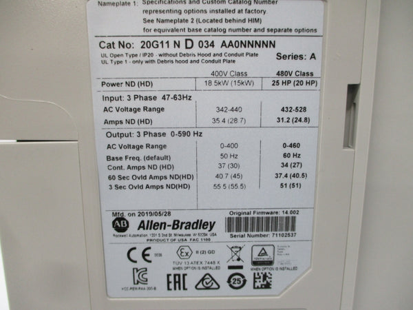 ALLEN BRADLEY 20G11ND034AA0NNNNN SER. A F/W 14.002 480VAC 34A NSMP