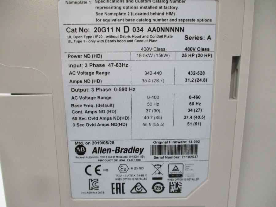 ALLEN BRADLEY 20G11ND034AA0NNNNN SER. A F/W 14.002 480VAC 34A NSMP