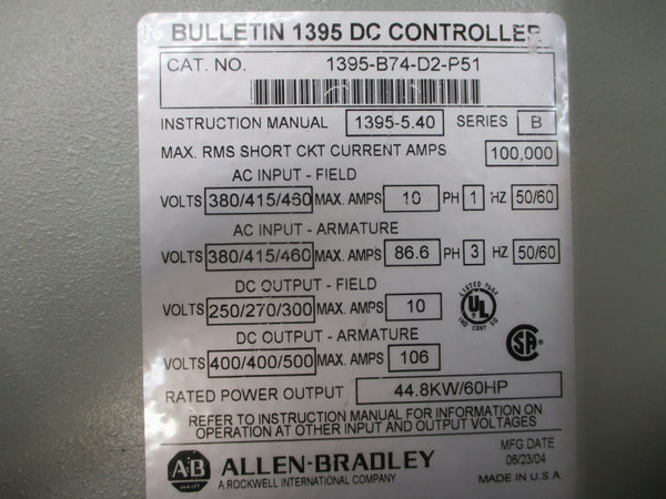 ALLEN BRADLEY 1395-B74-D2-P51 SER. B 380/415/460VAC 86.6A REMAN