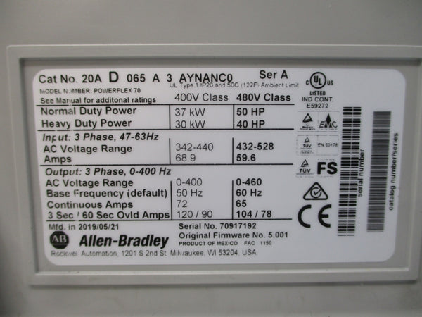 ALLEN BRADLEY 20AD065A3AYNANC0 SER. A F/W 5.001 480VAC 65A NSMP