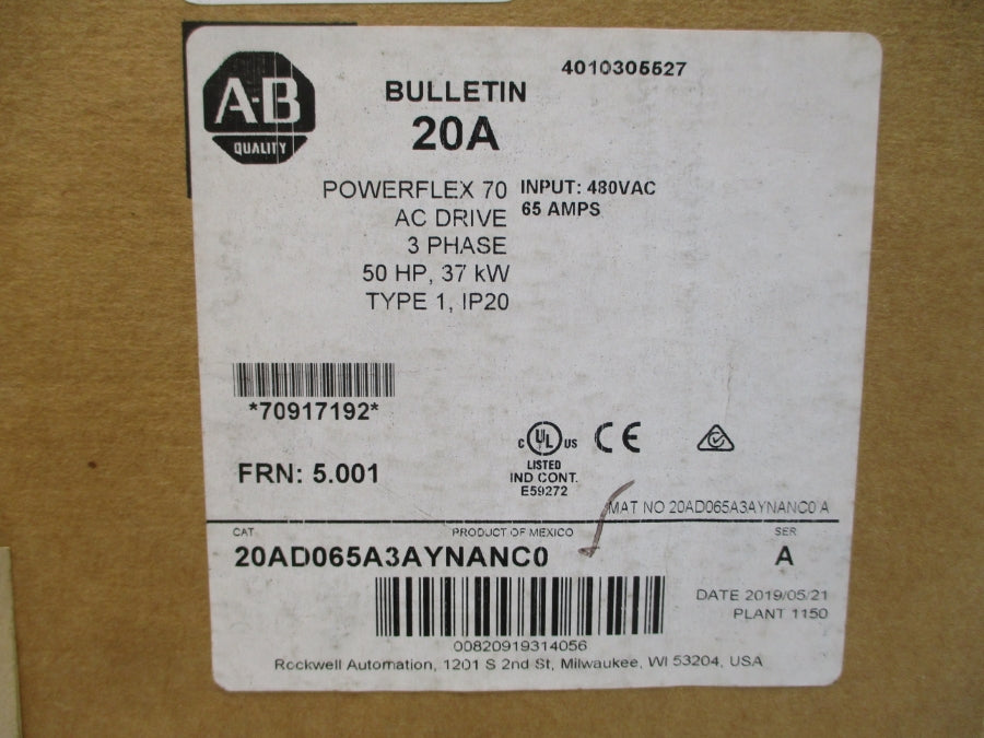 ALLEN BRADLEY 20AD065A3AYNANC0 SER. A F/W 5.001 480VAC 65A NSMP