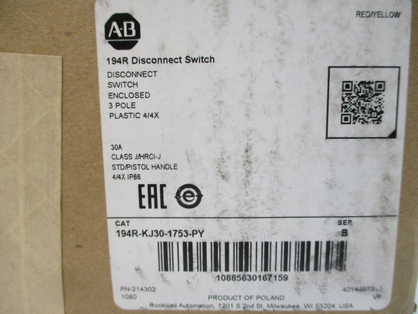 ALLEN BRADLEY 194R-KJ30-1753-PY SER. B 30A NSMP