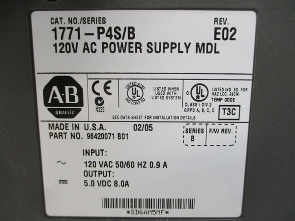 ALLEN BRADLEY 1771-P4S SER. B 120VAC 8.0A REV. E02 NSMP