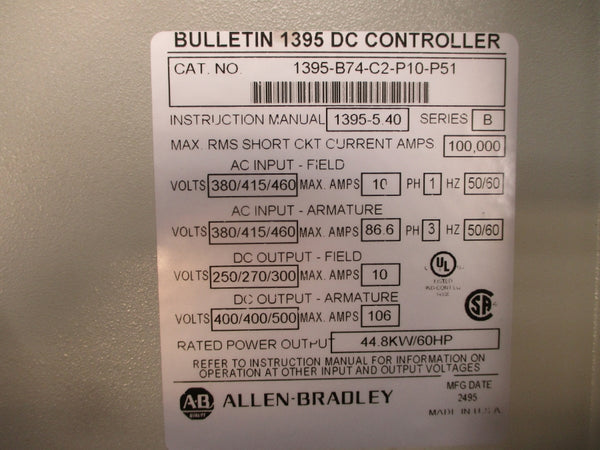 ALLEN BRADLEY 1395-B74-C2-P10-P51 SER. B 380/415/460VAC 86.6A UNMP