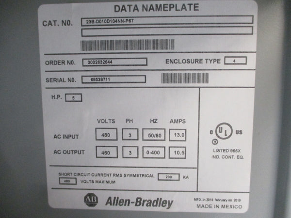 ALLEN BRADLEY 23B-D010D104NN-P6T 480VAC 13.0A NSNP