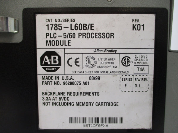 ALLEN BRADLEY 1785-L60B SER. E F/W D.1 5VDC 3.3A (NO KEY) REMAN