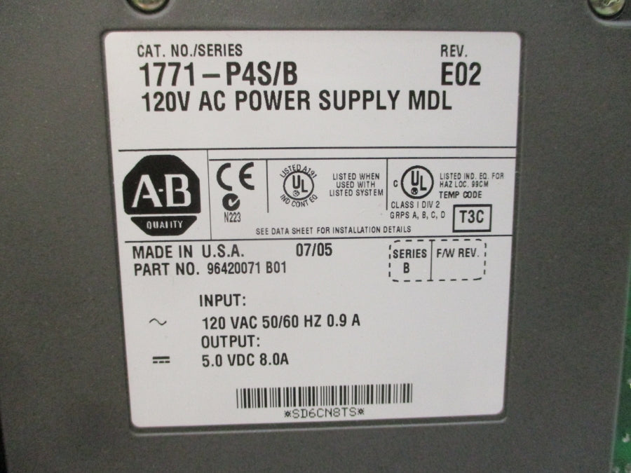 ALLEN BRADLEY 1771-P4S SER. B 120VAC 8.0A REV. E02 NSMP