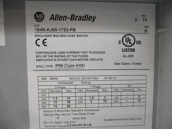 ALLEN BRADLEY 194R-KJ60-1753-PB SER. B 600VAC 60A NSMP