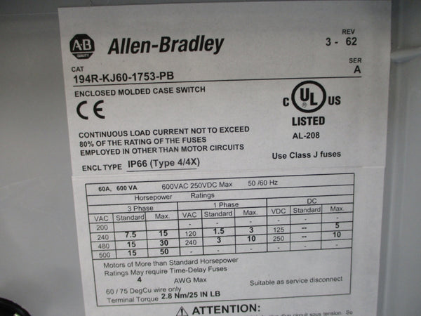 ALLEN BRADLEY 194R-KJ60-1753-PB SER. A 600VAC 60A NSMP