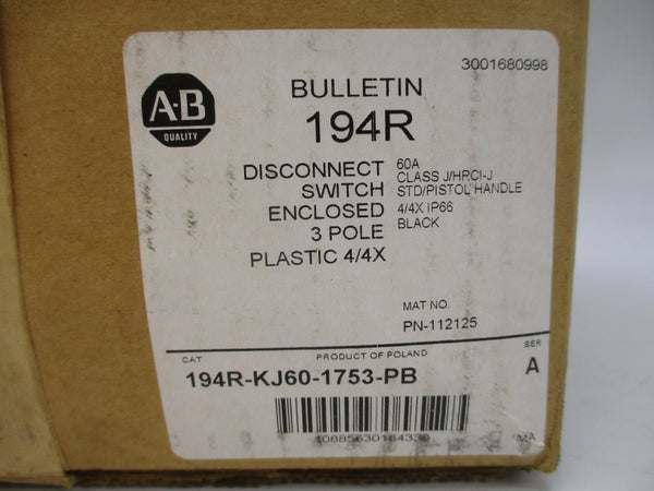 ALLEN BRADLEY 194R-KJ60-1753-PB SER. A 600VAC 60A NSMP