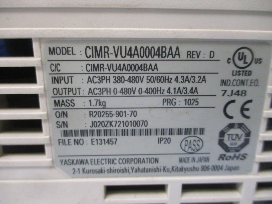 YASKAWA CIMR-VU4A0004BAA 380-480VAC 4.3/3.2A REV. D UNMP