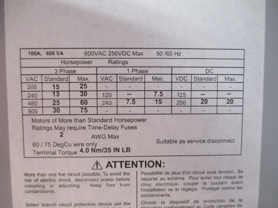 ALLEN BRADLEY 194R-KJ100P3-98 SER. A 600VAC 100A REV. 62 NSNP