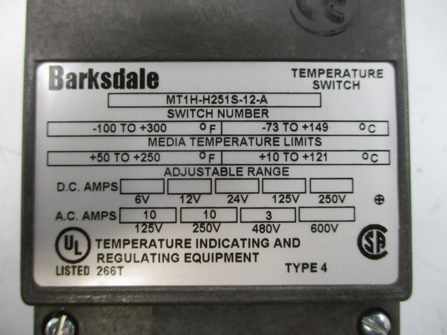 BARKSDALE MT1H-H251S-12-A 600VAC 10A 50-250'F NSMP