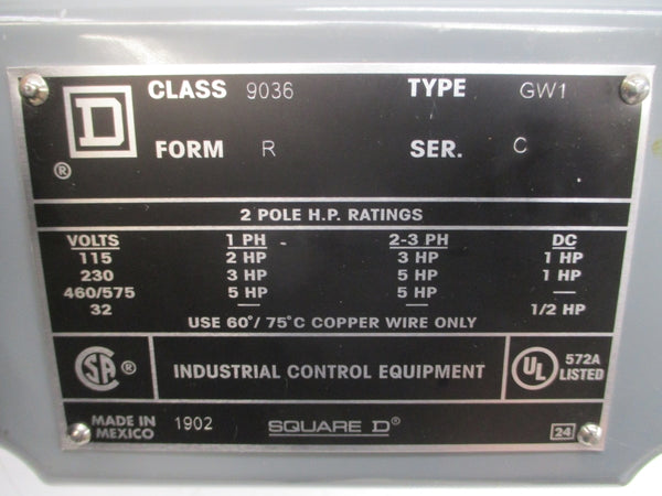 SQUARE D 9036GW1R SER. C 460/575V NSMP