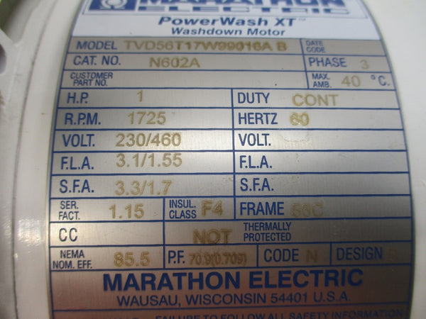 MARATHON ELECTRIC TVD56T17W99016AB N602A 230/460V 3.1/1.55A NSNP