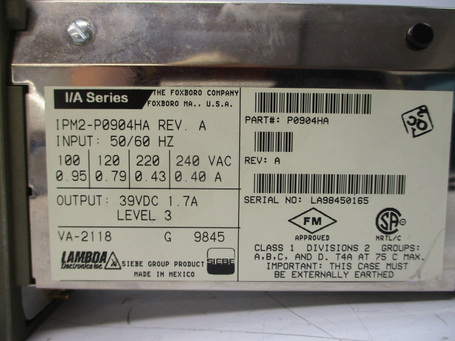 FOXBORO IPM2-P0904HA 220/240VAC 0.95/0.40A REV. A NSNP