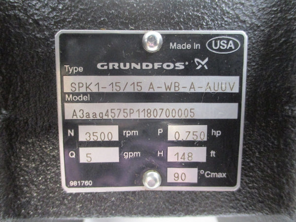 GRUNDFOS SPK1-15/15A-WB-A-AUUV A3AAQ4575P1180700005 208-230/460V 2.40-2.30/1.20A NSNP