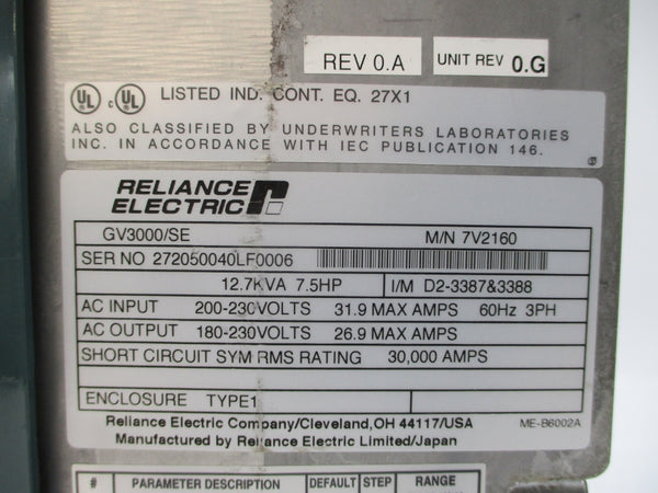 RELIANCE ELECTRIC 7V2160 GV3000/SE 200-230VAC 31.9A NSNP