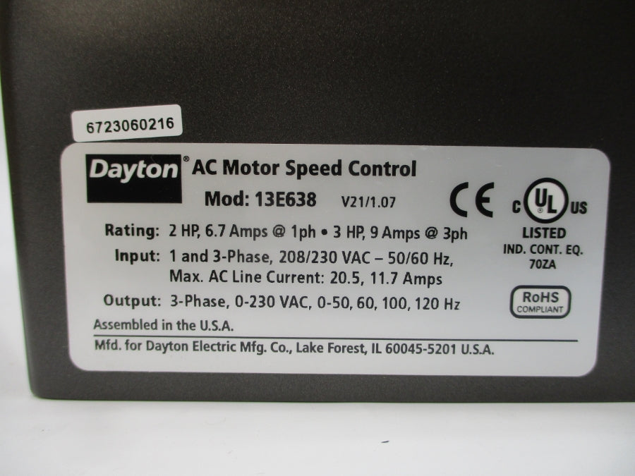DAYTON 13E638 208/230VAC 20.5/11.7A NSMP