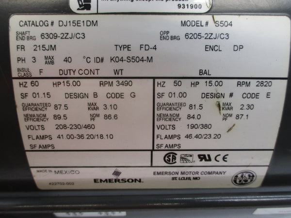 EMERSON DJ15E1DM S504 208-230/460V 41.00-36.20/18.10A NSNP