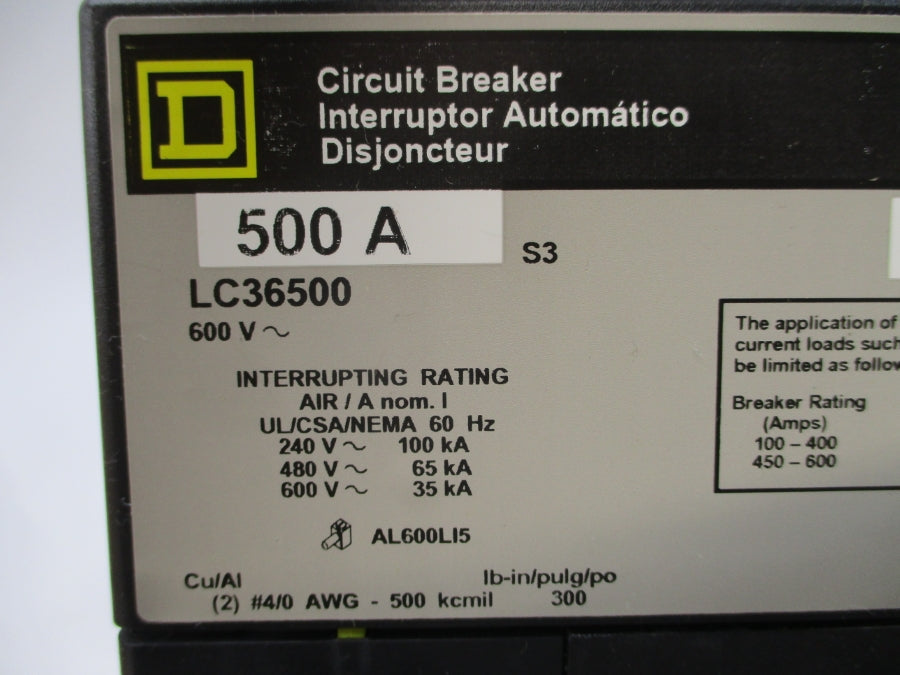 SQUARE D LC36500 SER. 3 600V 500A NSMP