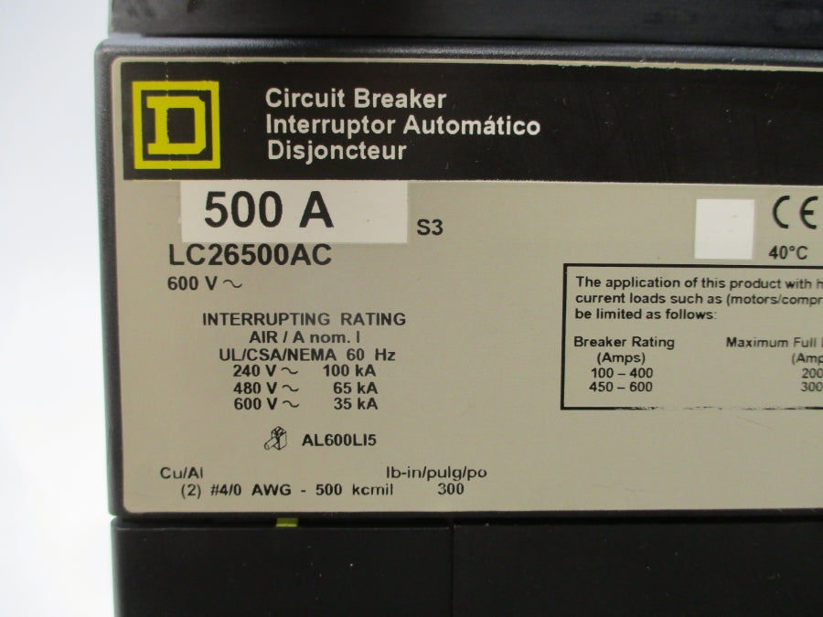 SQUARE D LC26500AC SER. 3 600V 500A UNMP